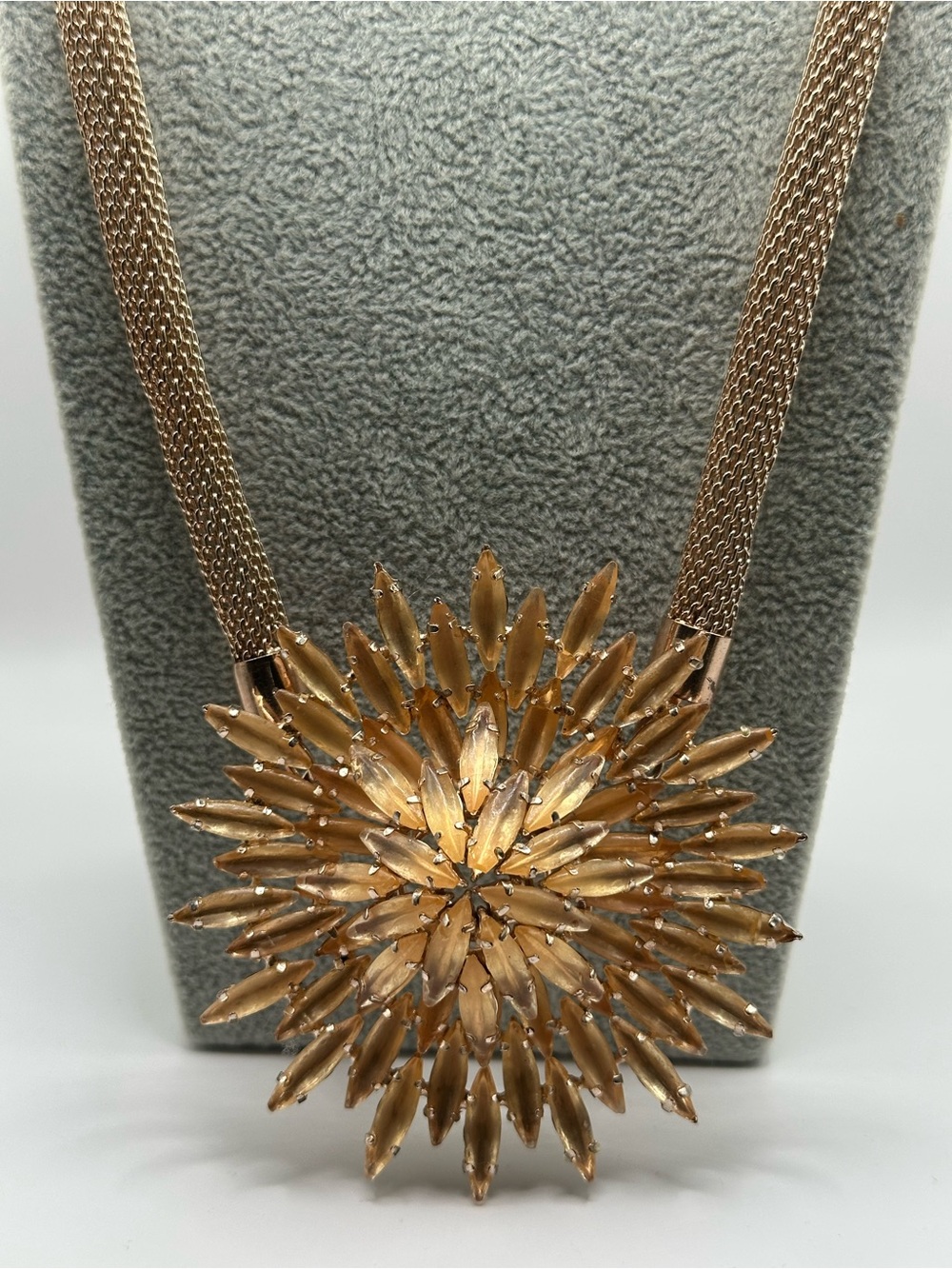 Vintage Gold Tone Mesh Flower Statement Necklace Amber Petal Bib
